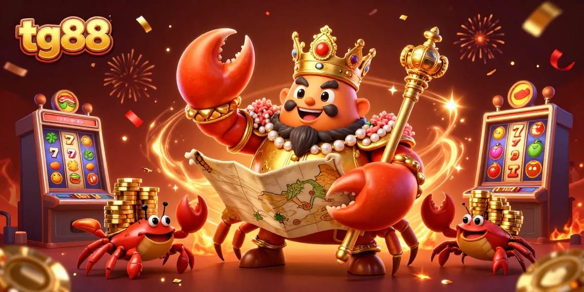 Engage with tg88's golden crab emperor in a vibrant casino scene filled with rich game elements and excitement.