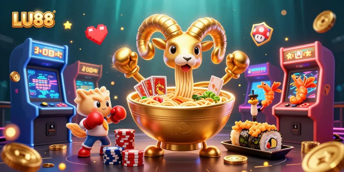LU88 online casino features a vibrant scene with a giant ramen bowl dealer, sushi roll dealer, and unique game elements.