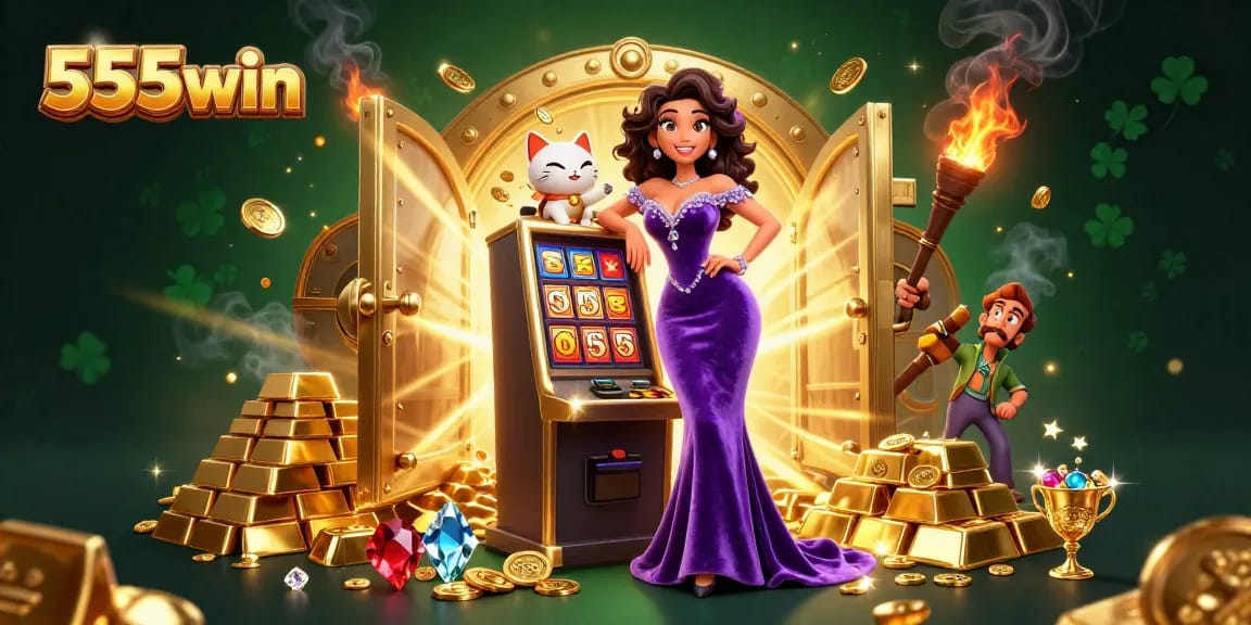 Play jackpots and win with 555win, featuring a glamorous woman beside a winning slot machine.