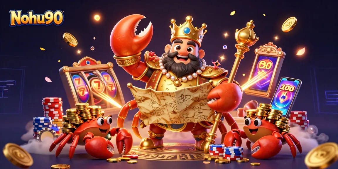 Nohu90 thrills players with a vibrant 3D casino scene showcasing a golden crab emperor and jackpot action.