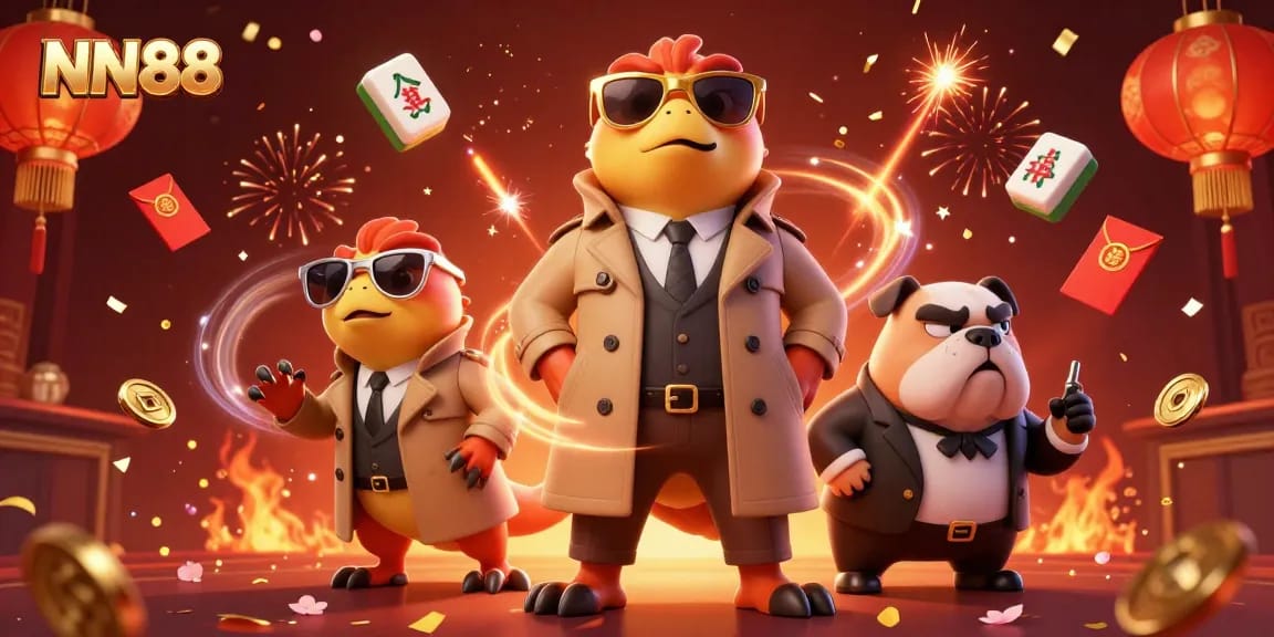 Three cartoon raptors in a trench coat enter NN88 casino under watchful bulldog bouncer.