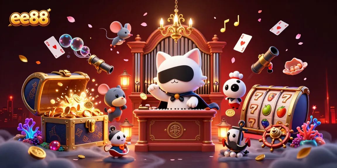 Experience the excitement of ee88 casino gaming with a whimsical 3D illustration of a phantom cat at a pipe organ.