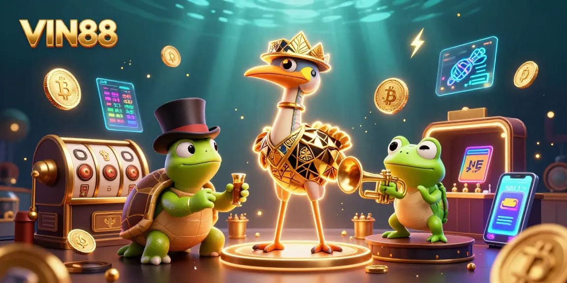 Engage in thrilling gaming with VIN88, featuring vibrant casino elements and colorful characters.