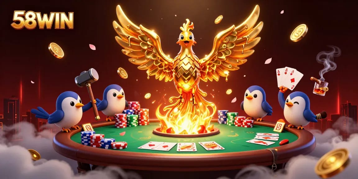 Experience thrilling bets at 58WIN with a golden phoenix and engaging poker scene.