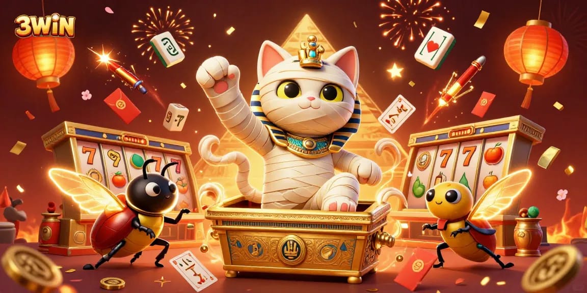 Experience the thrill of 3WIN with an animated Egyptian mummy cat in a vibrant casino scene.
