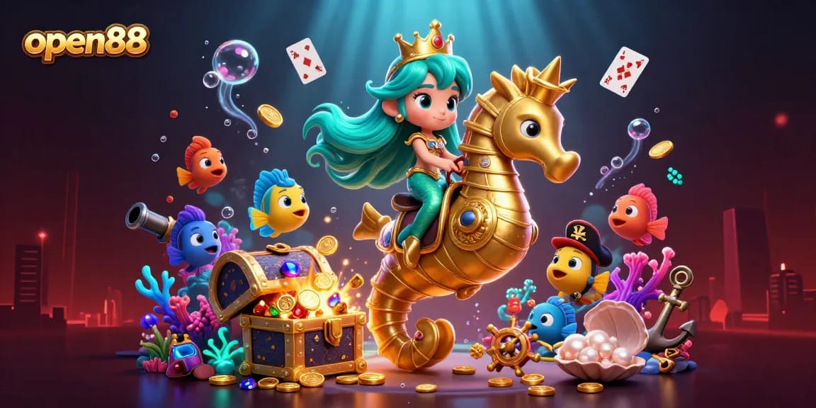 Play exciting casino games with open88, featuring colorful characters and golden treasures.