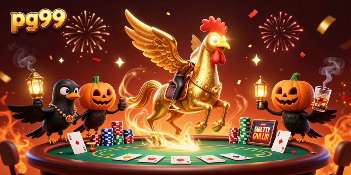 Experience the excitement of pg99 with a golden rooster and friends at a lively casino.