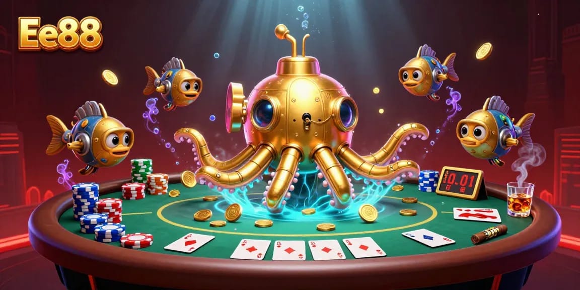 Experience the thrill of Ee88 with this vibrant underwater poker scene featuring a kraken submarine!