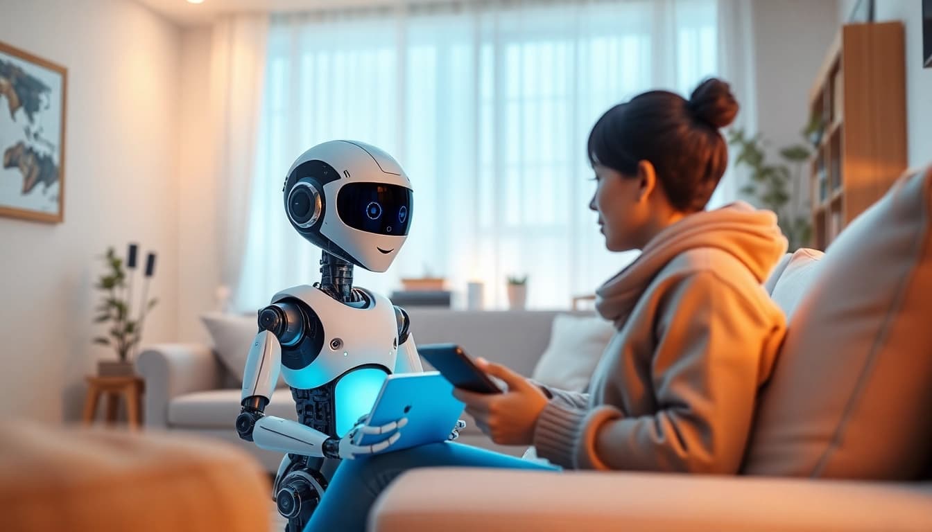 Engaging scene of a user interacting with a crush ai companion in a cozy living room.