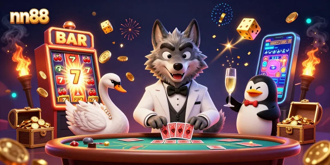 Experience thrilling gameplay at nn88 with a lively casino scene featuring a debonair wolf and elegant characters.