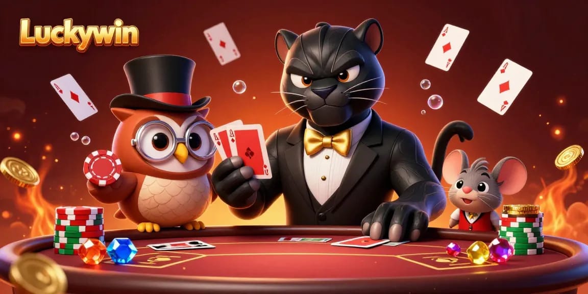Luckywin showcases a glamorous 3D casino scene with a stylish panther, winning cards, and colorful gems.