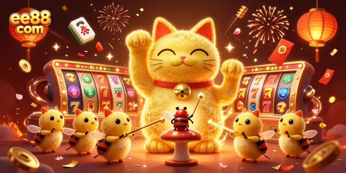 Engage with the vibrant universe of ee88 com featuring animated casino symbols and a lucky cat design.