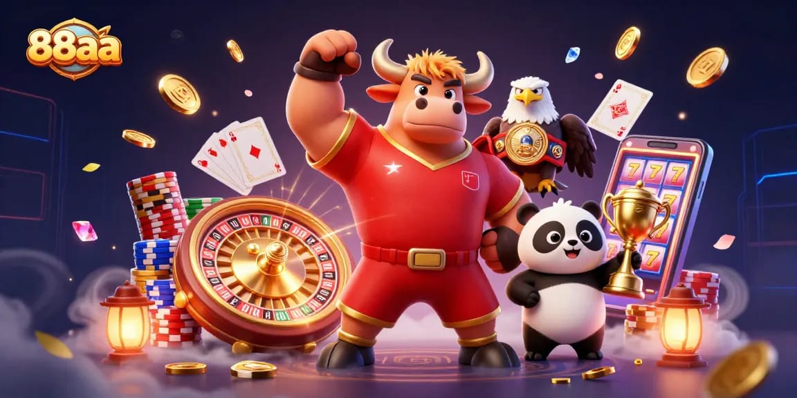 88aa celebrates gaming with a dynamic scene featuring a victorious bull, eagle, and panda.