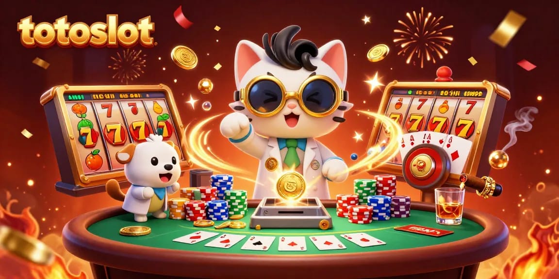 Experience totoslot excitement with a thrilling scene of casino elements and animated characters.