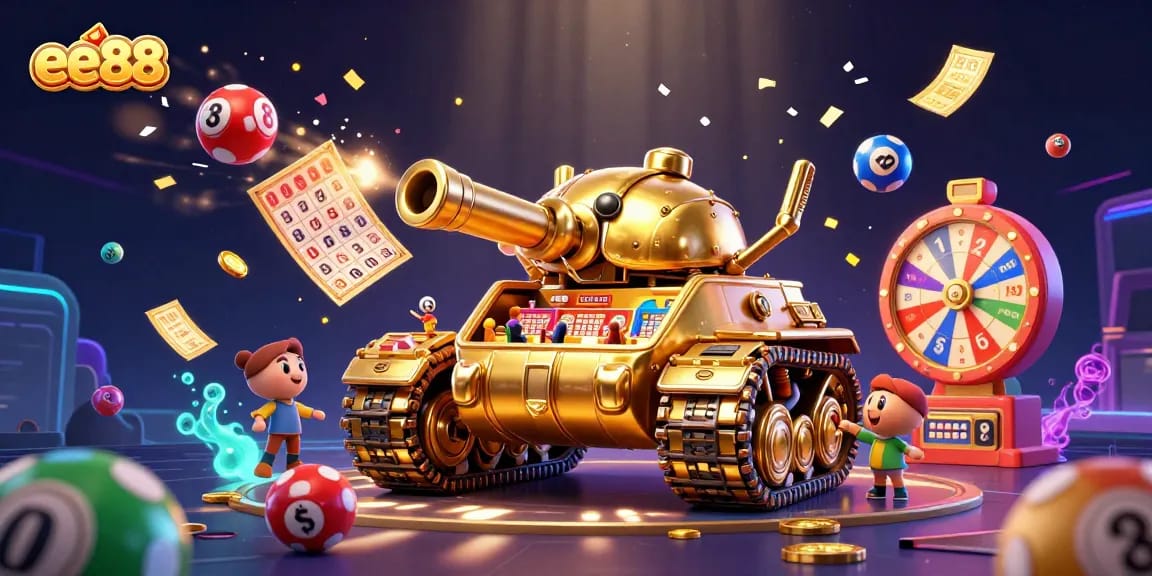 ee88 captures action in a vibrant casino scene with a golden beetle tank and colorful game elements.