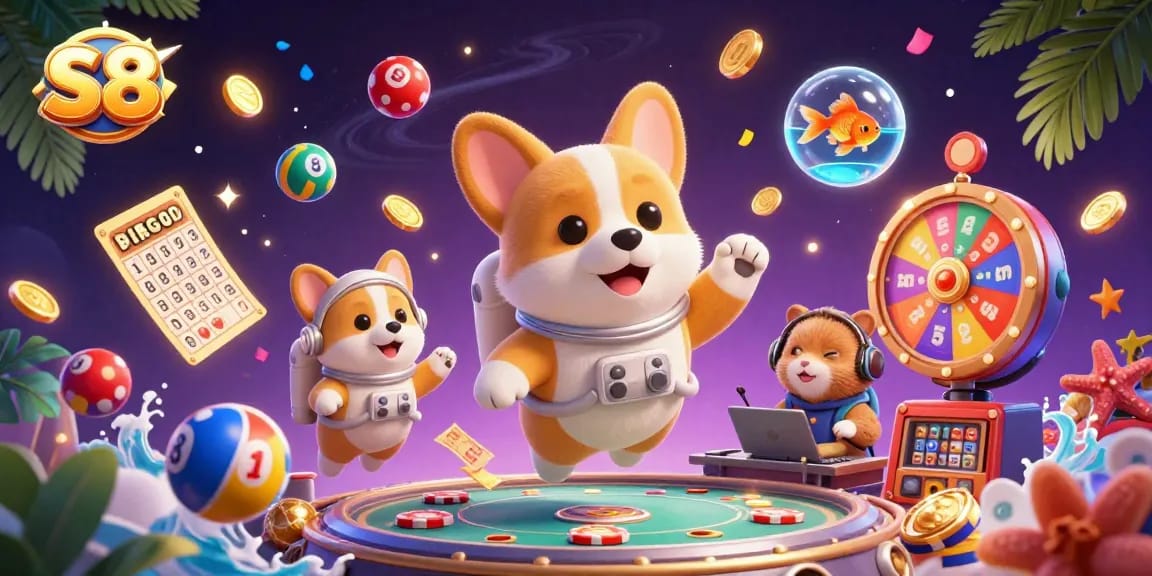 S8’s vibrant casino adventure sees a corgi and friends amidst floating chips and lottery balls.