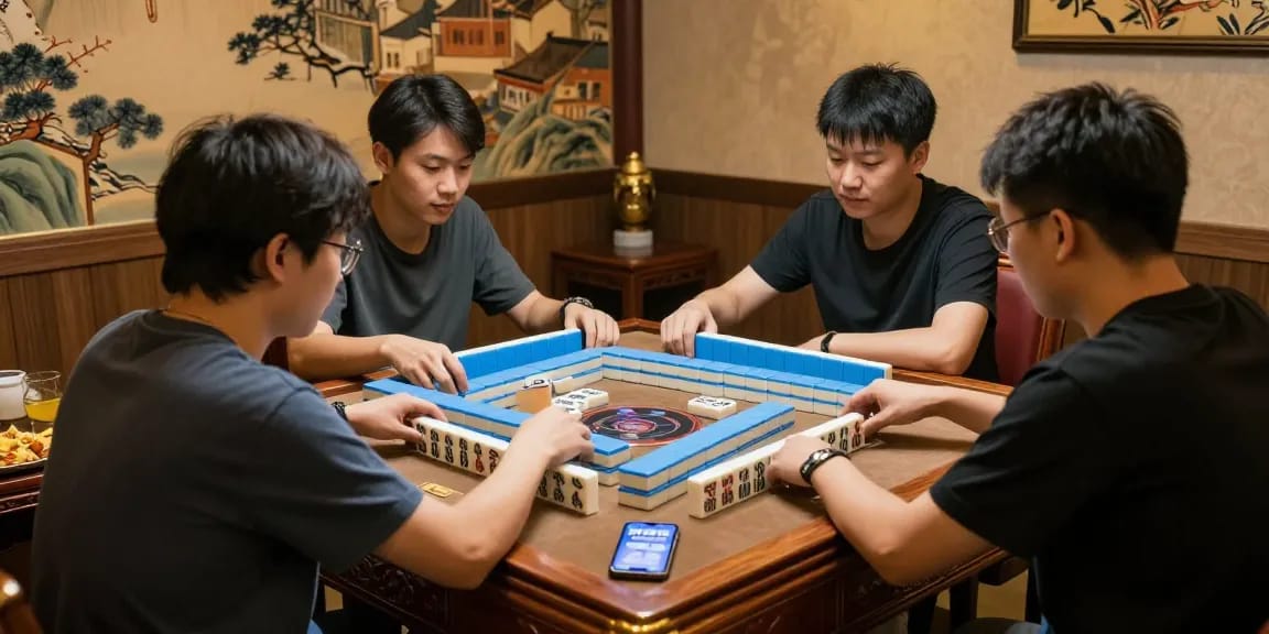 Exciting Mahjong gameplay at https://hm88.cafe/ with vibrant tiles and diverse players in a cultural setting.