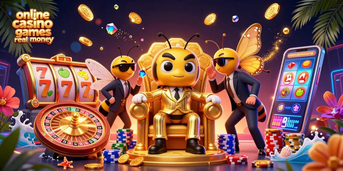 Engage in online casino games real money with vibrant characters in a dynamic casino scene.