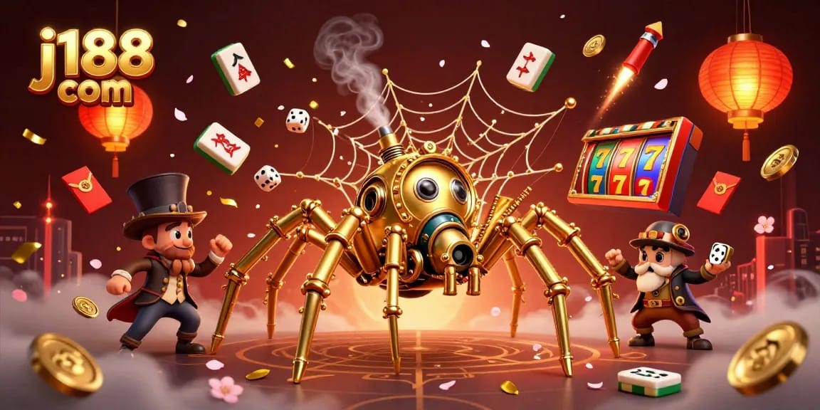 Experience the thrill of j188 com with a captivating steampunk casino scene, featuring golden spider and lucky symbols.