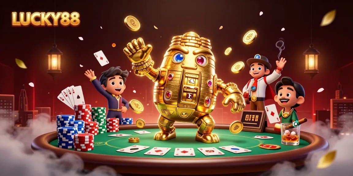 Experience the excitement of LUCKY88 with vibrant casino elements and a golden golem in action.