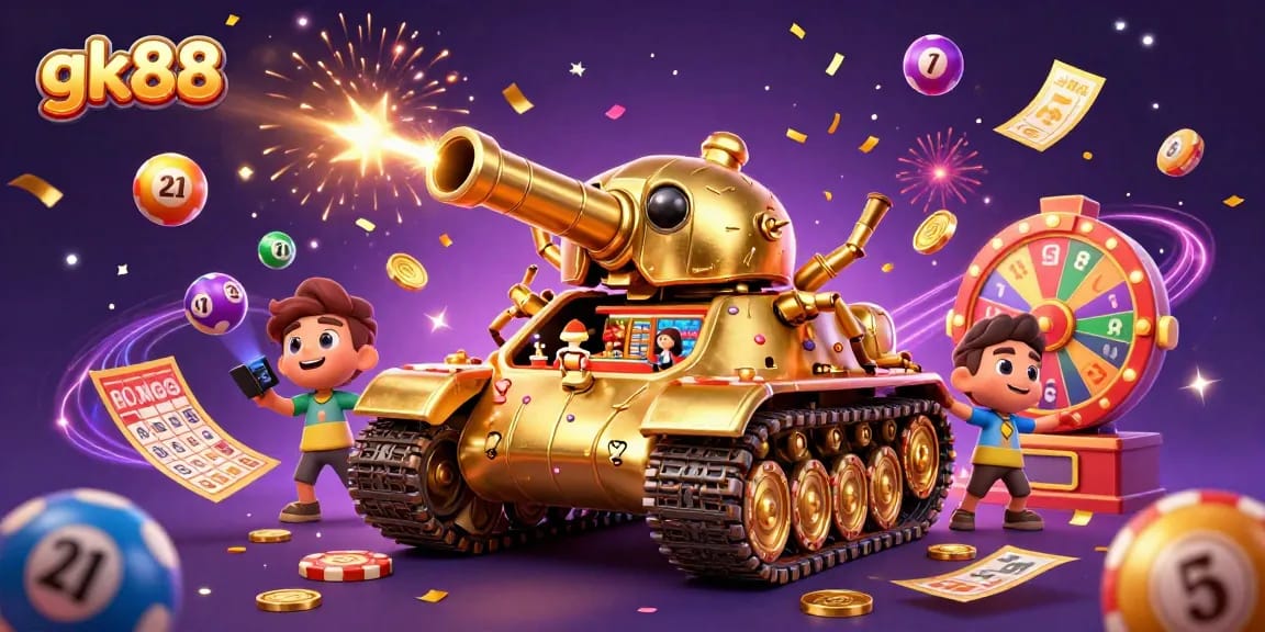 gk88 chơi casino với biểu tượng xe tăng vàng và các quả bóng xổ số đầy màu sắc