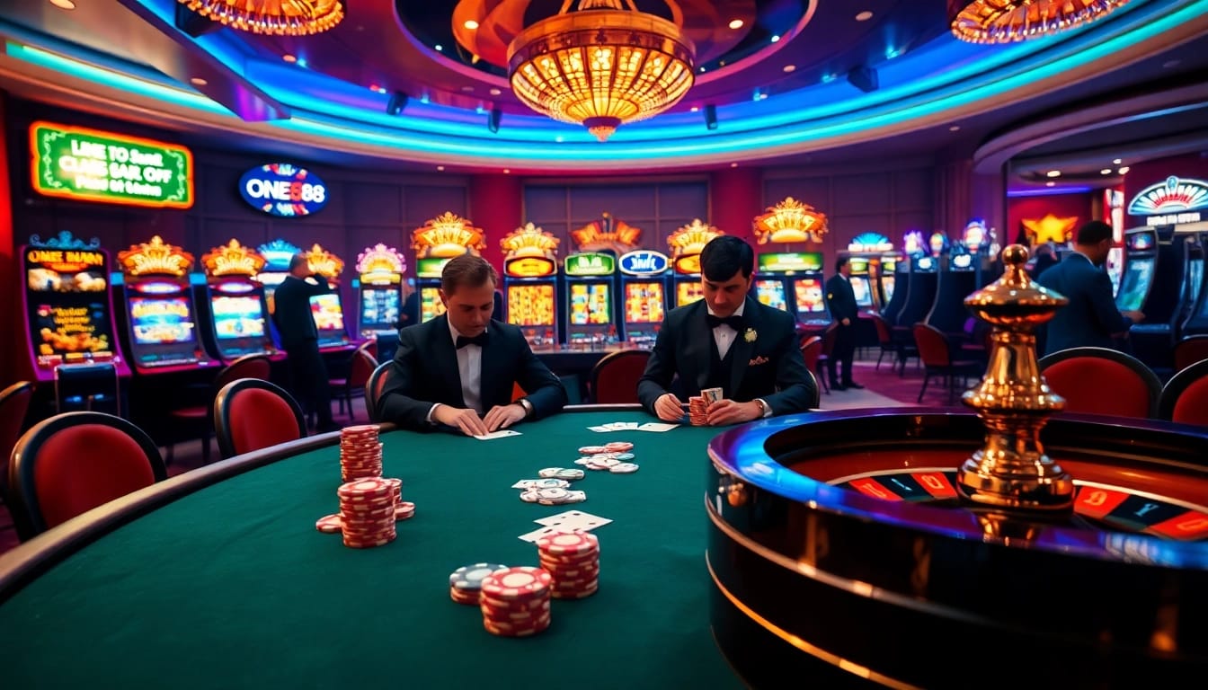 Exciting gameplay at the one88 casino, showcasing poker, slot machines, and roulette.