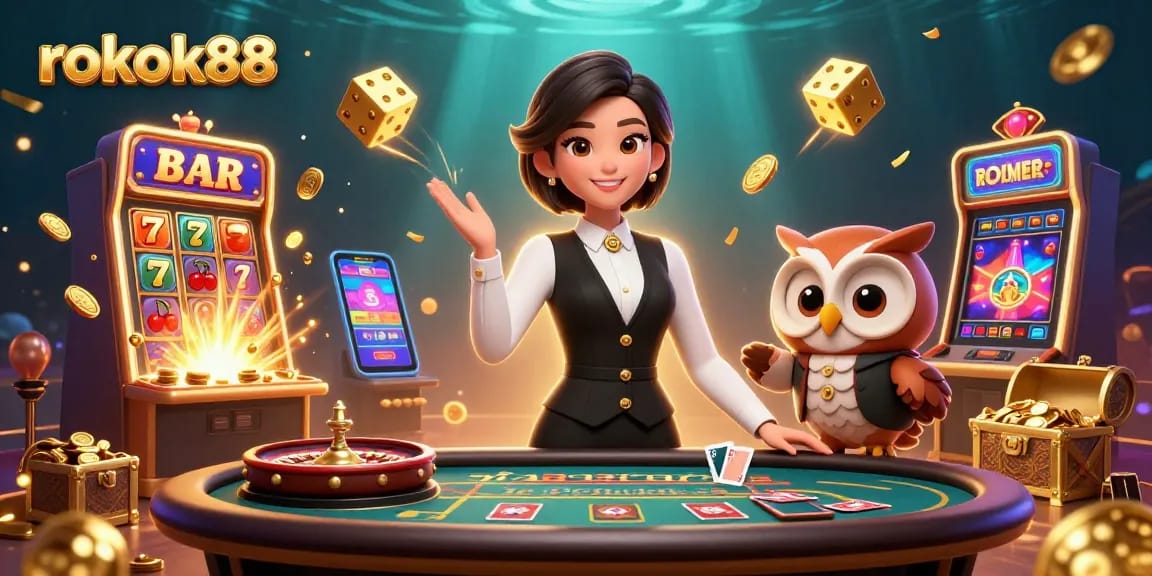 Experience iconic rokok88 gaming excitement with a skilled dealer amidst vibrant casino elements.