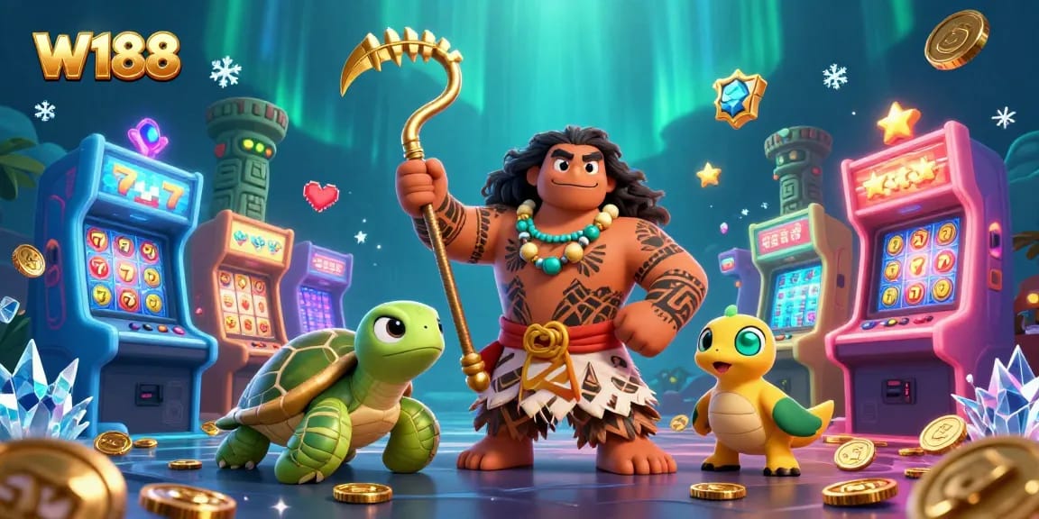 Engage in thrilling casino fun with W188 featuring colorful slot machines and a Polynesian demigod.