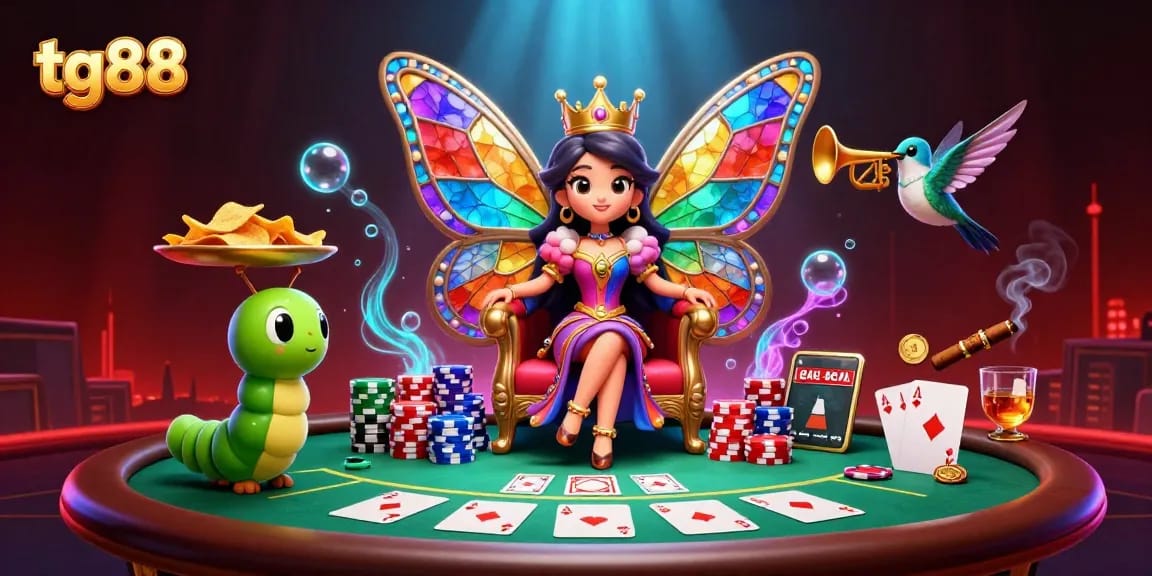 Experience tg88's vibrant casino atmosphere with a butterfly queen and poker elements in this dynamic illustration.