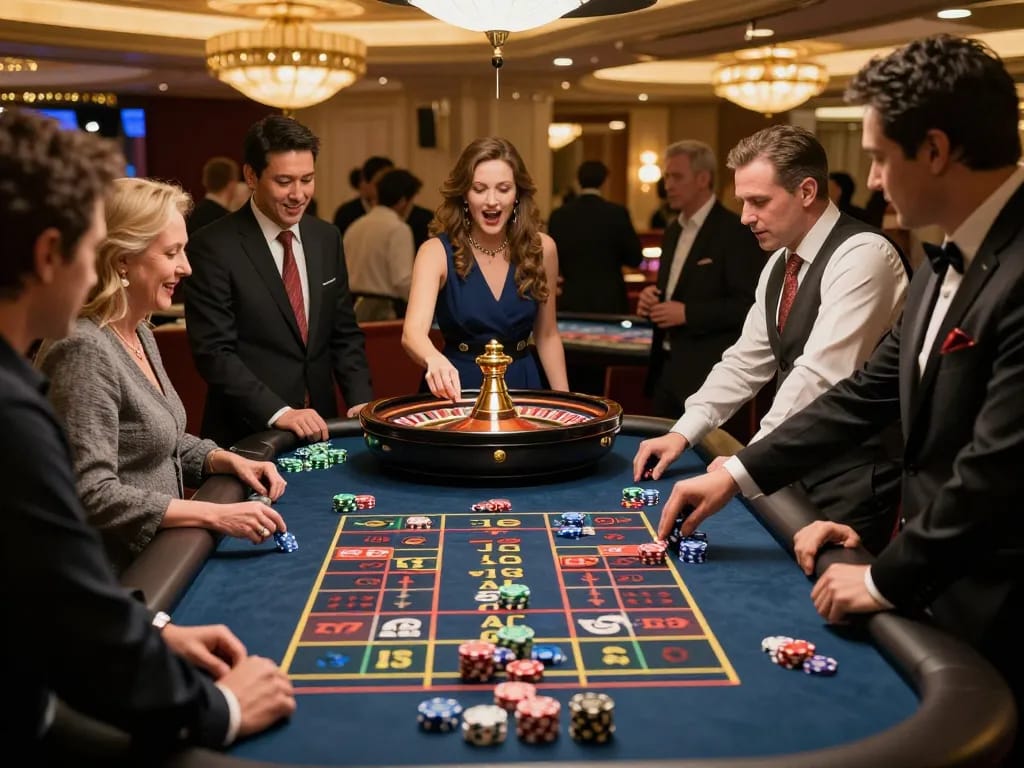 Players engaging in high-stakes roulette at https://cm88.group/, showcasing colorful chips and a spinning wheel.