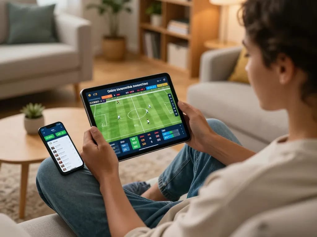 Engaged user placing bets on kèo nhà cái trực tiếp via tablet in a cozy home setting