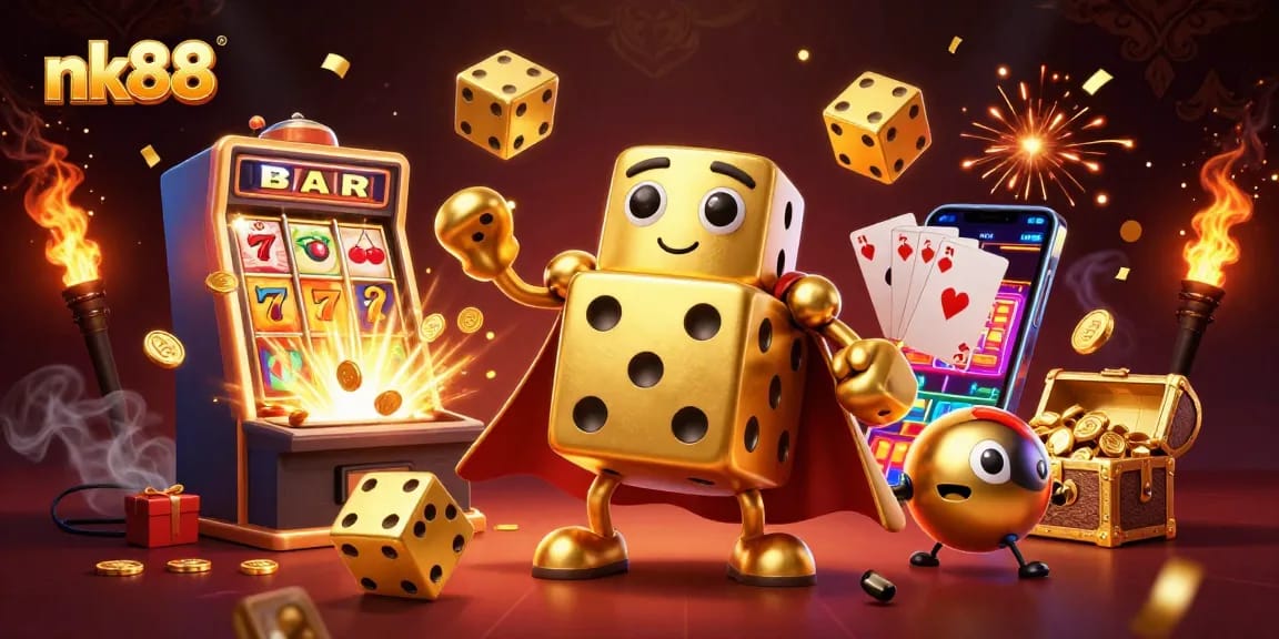 Experience excitement with nk88 as vibrant golden dice characters juggle casino games and treasures.