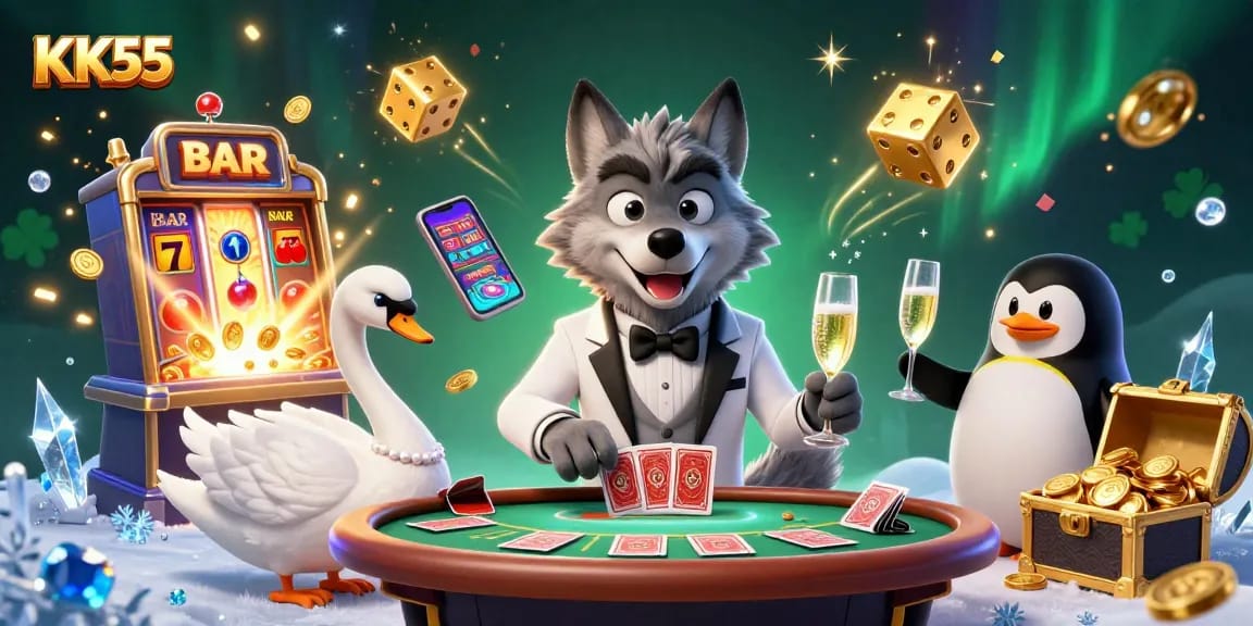Experience thrilling gameplay at KK55 with a jackpot explosion and charismatic characters in a stunning casino scene.
