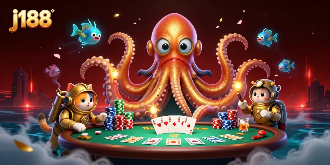 Experience j188 exciting poker action with a kraken, diving cat, and vibrant game elements.