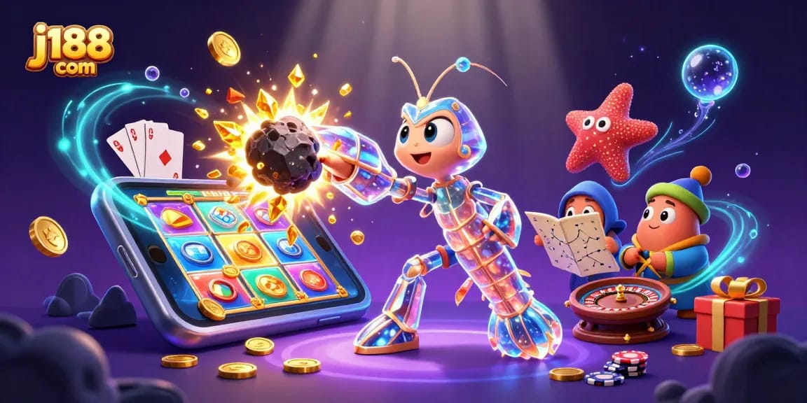 Engage with j188 com's vibrant casino adventure, featuring a galactic samurai shrimp amidst dynamic slot game elements.
