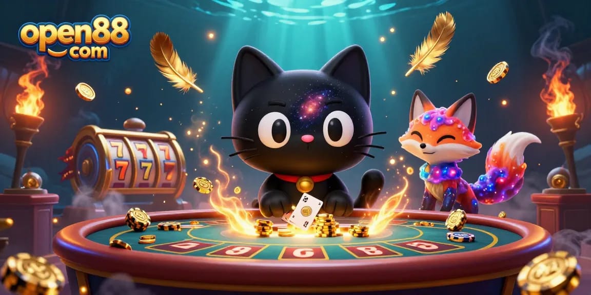 Join open88 com at a cosmic casino table with animated characters, swirling golden chips, and vibrant slot reels.