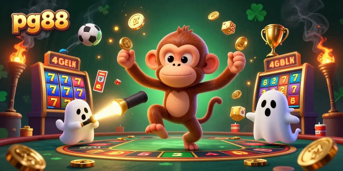 Experience the thrill of pg88 with a playful monkey juggling golden items in a haunted casino.