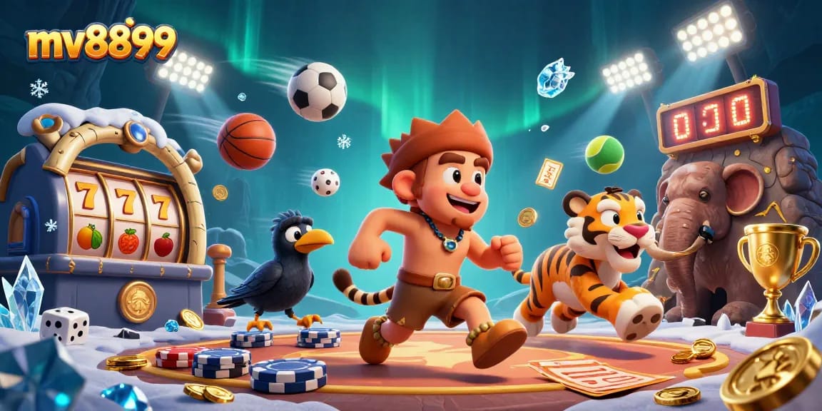 Experience the thrill of mv8899 with a prehistoric casino scene featuring unique characters and dynamic gaming elements.