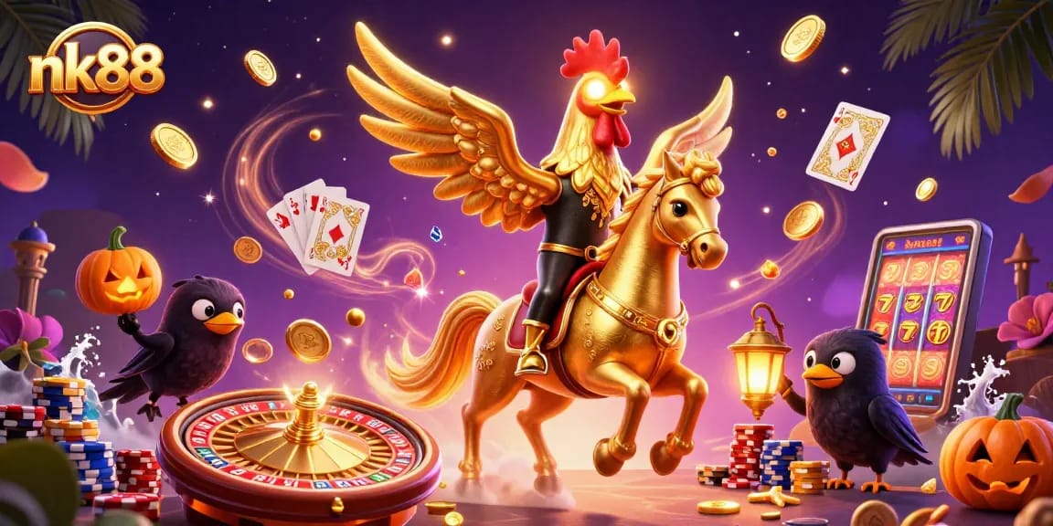 Experience nk88's thrilling casino excitement with a golden rooster riding through a vibrant midnight setting.