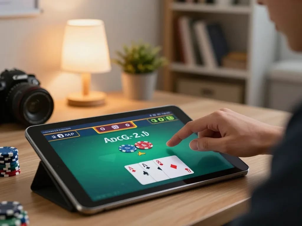 79KING player strategizing during an online poker game session at home.