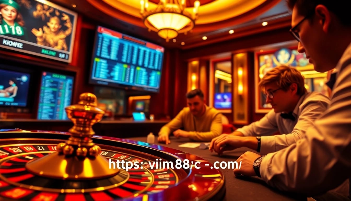 An exciting online casino experience at https://vin88ac.com/ showcasing poker action with vibrant chips and roulette wheel.