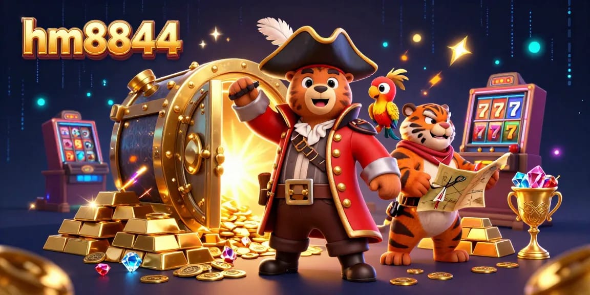 hm8844 showcases thrilling casino adventure with cartoon pirate bear and tiger near slot machines.