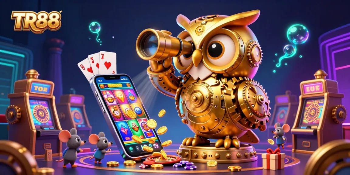 Spin the reels at TR88 where a golden owl oversees an enchanting casino atmosphere filled with excitement.