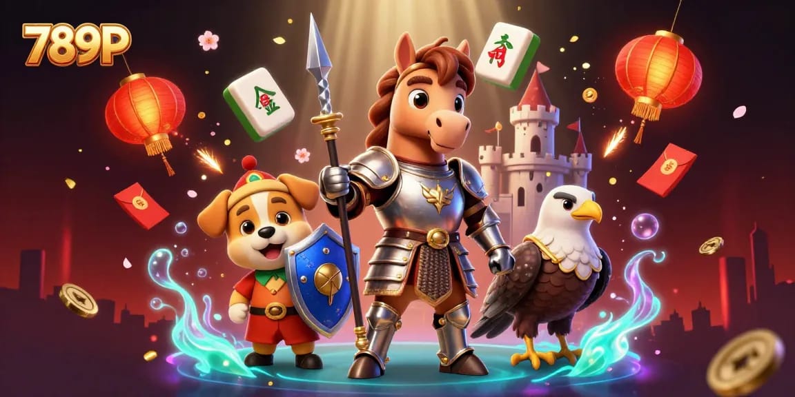 Experience thrilling gameplay with 789P, where a knight, squire, and falcon celebrate winning moments amidst vibrant casino elements.