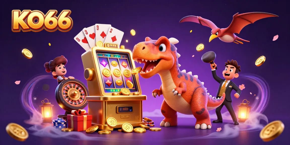 KO66 features a colorful 3D scene with dynamic characters, slot machines, and flying coins in action.