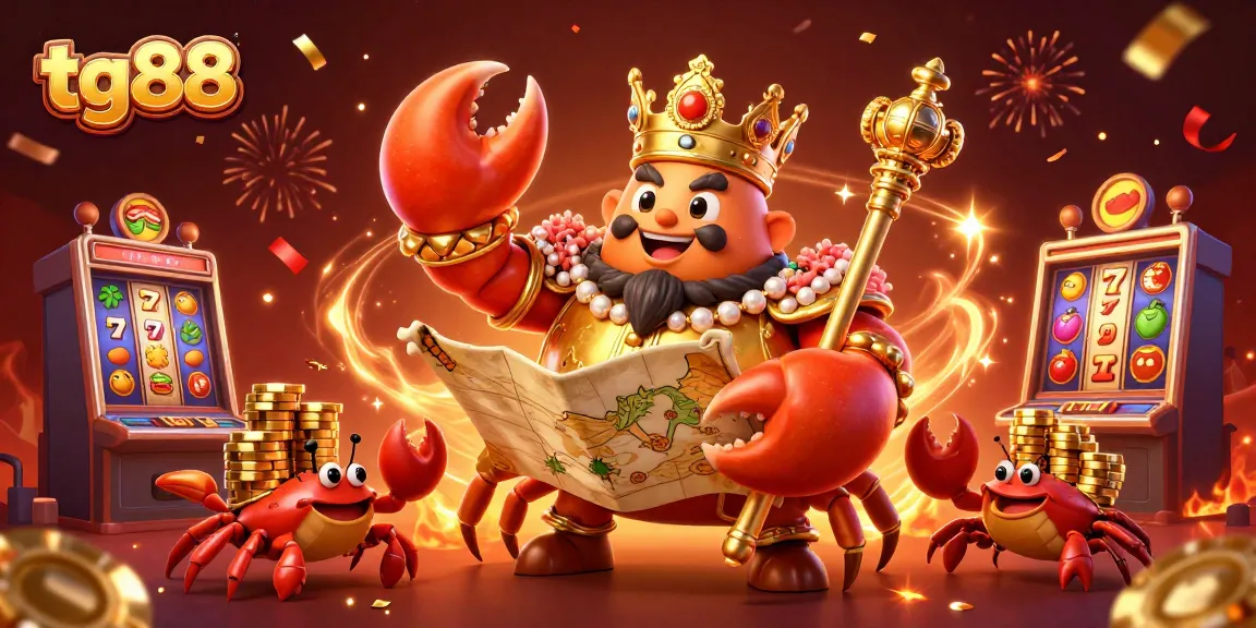 Engage with tg88's golden crab emperor in a vibrant casino scene filled with rich game elements and excitement.