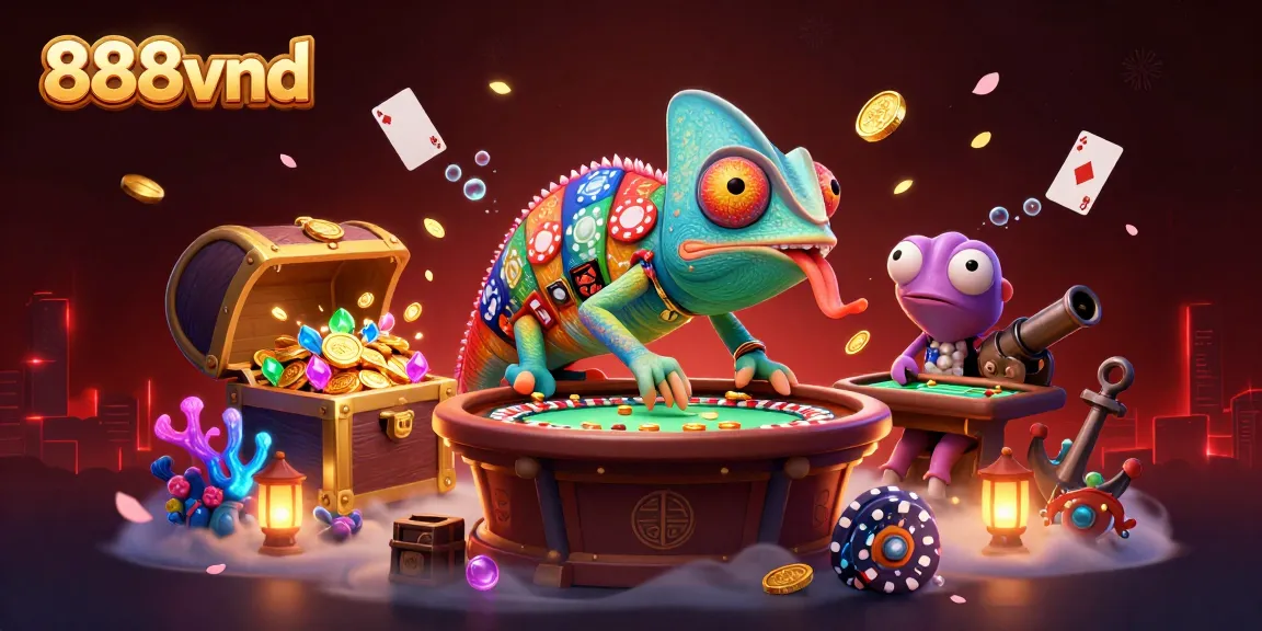 Bet on exciting games with 888vnd, featuring vibrant 3D chameleon owner surrounded by colorful casino elements.