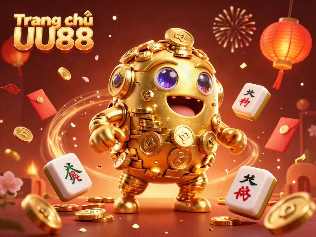 Experience the magic of Trang chủ UU88 with a golden golem, festive decorations, and vibrant casino elements in this 3D illustration.
