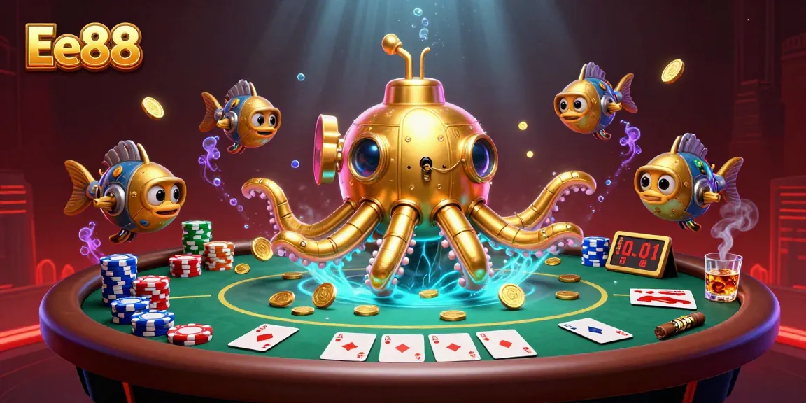 Experience the thrill of Ee88 with this vibrant underwater poker scene featuring a kraken submarine!