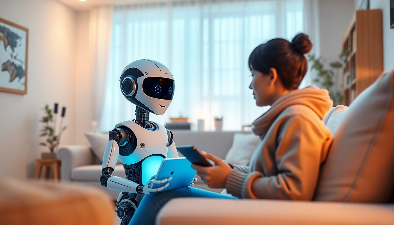 Engaging scene of a user interacting with a crush ai companion in a cozy living room.
